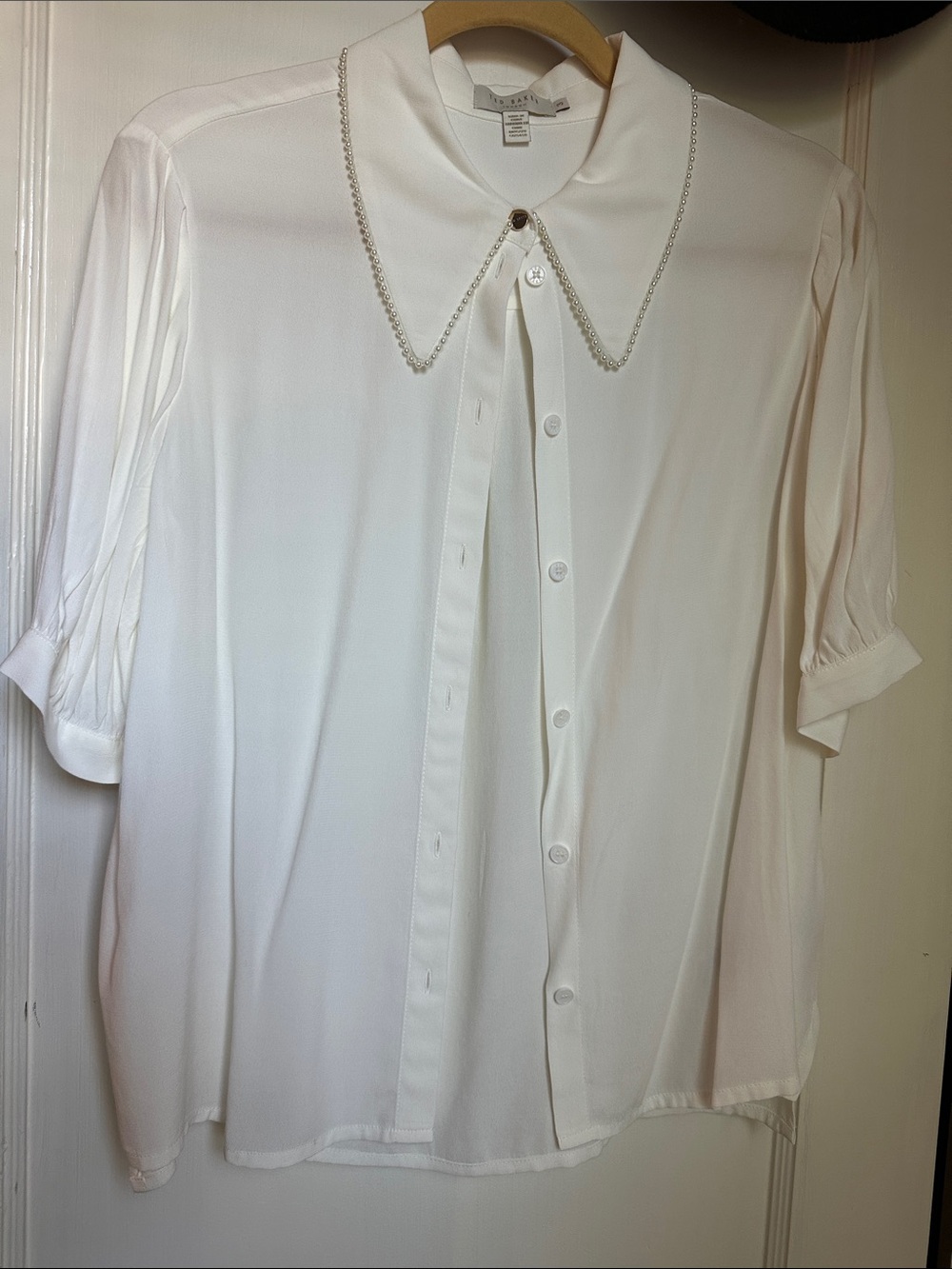 Ted Baker White Button-Up Blouse Pearl Collar - size 3
